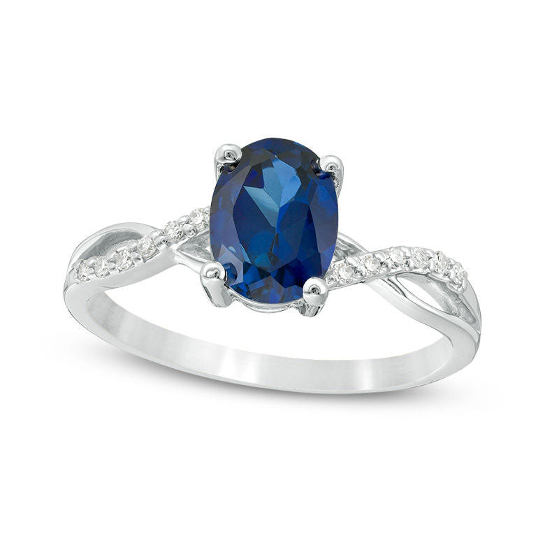 Image of ID 1 Oval Lab-Created Blue Sapphire and 005 CT TW Diamond Twist Shank Ring in Solid 10K White Gold