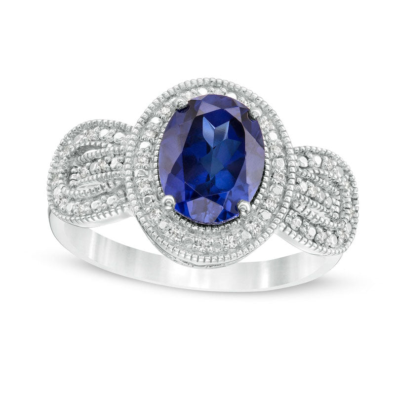Image of ID 1 Oval Lab-Created Blue Sapphire and 007 CT TW Diamond Antique Vintage-Style Buckle Loop Ring in Sterling Silver