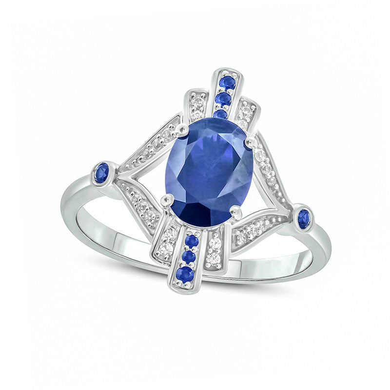 Image of ID 1 Oval Lab-Created Blue Sapphire and 007 CT TW Diamond Art Deco Evil Eye Ring in Sterling Silver