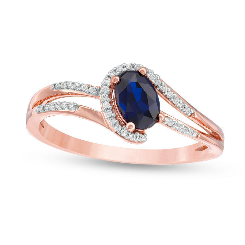Image of ID 1 Oval Lab-Created Blue Sapphire and 007 CT TW Diamond Swirling Bypass Split Shank Promise Ring in Solid 10K Rose Gold
