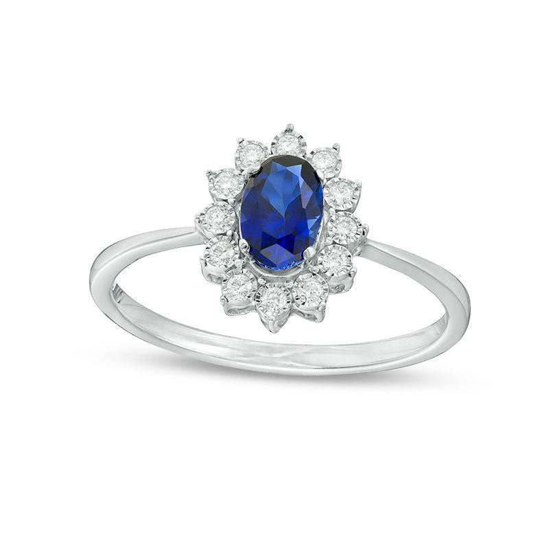 Image of ID 1 Oval Lab-Created Blue Sapphire and 010 CT TW Diamond Starburst Frame Ring in Solid 10K White Gold
