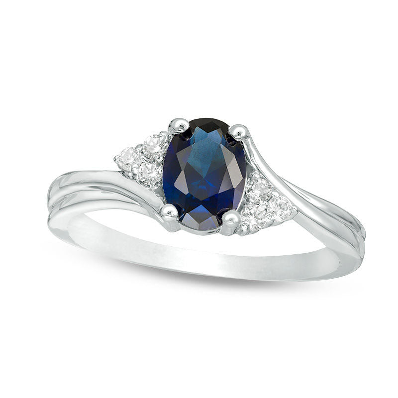 Image of ID 1 Oval Lab-Created Blue Sapphire and 010 CT TW Diamond Tri-Sides Promise Ring in Solid 10K White Gold