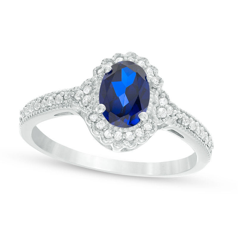 Image of ID 1 Oval Lab-Created Blue Sapphire and 013 CT TW Diamond Frame Antique Vintage-Style Ring in Solid 10K White Gold