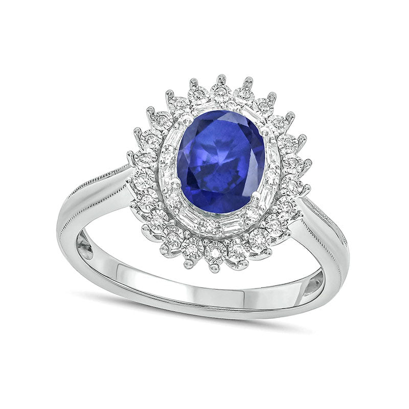 Image of ID 1 Oval Lab-Created Blue Sapphire and 013 CT TW Diamond Starburst Double Frame Antique Vintage-Style Ring in Sterling Silver