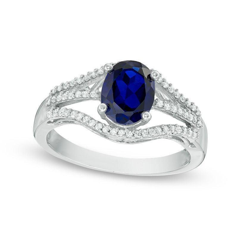 Image of ID 1 Oval Lab-Created Blue Sapphire and 020 CT TW Diamond Split Shank Ring in Sterling Silver