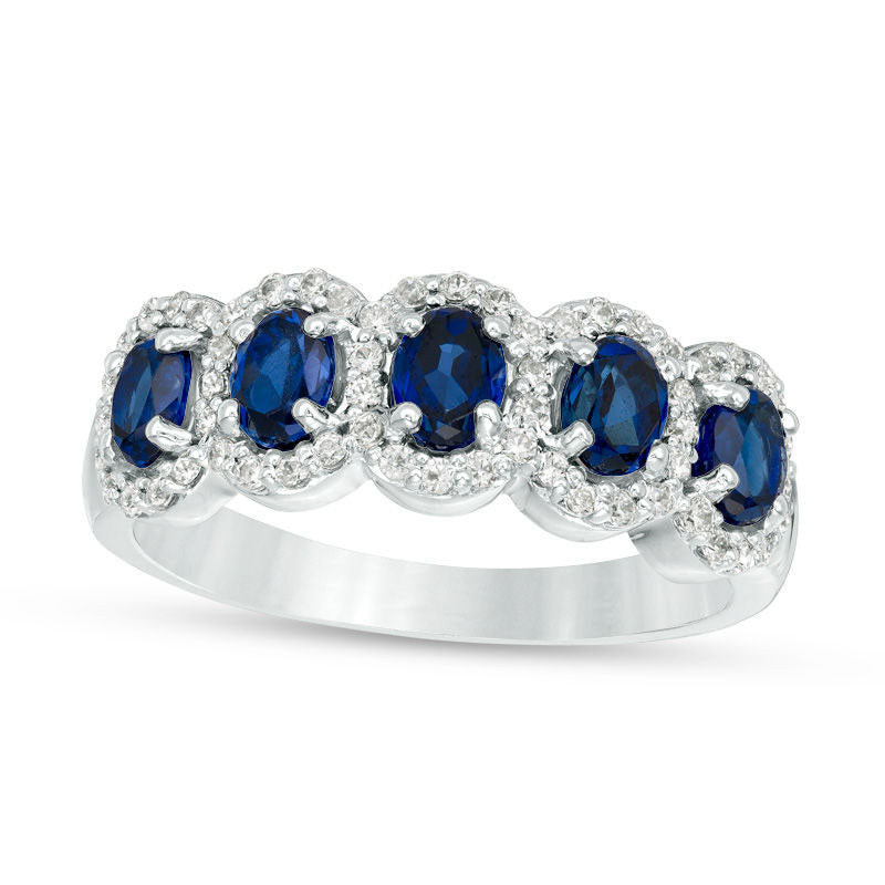 Image of ID 1 Oval Lab-Created Blue Sapphire and 033 CT TW Diamond Frame Five Stone Ring in Solid 10K White Gold
