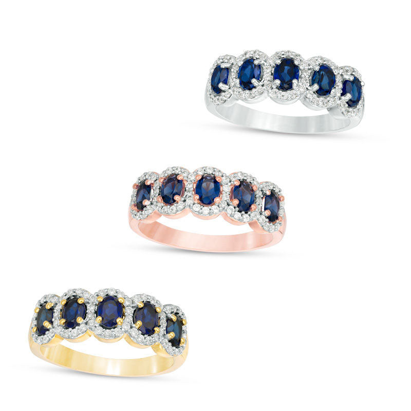 Image of ID 1 Oval Lab-Created Blue Sapphire and 033 CT TW Diamond Frame Five Stone Ring in Solid 10K White Yellow or Rose Gold