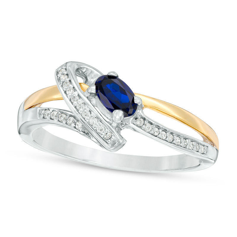 Image of ID 1 Oval Lab-Created Blue Sapphire and Diamond Accent Bypass Ring in Sterling Silver and Solid 10K Yellow Gold