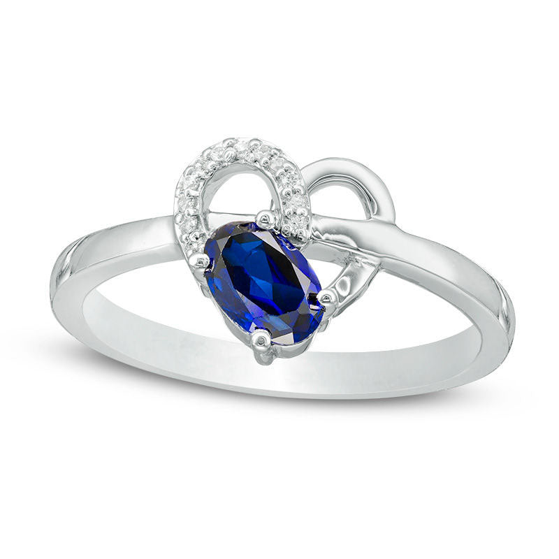 Image of ID 1 Oval Lab-Created Blue Sapphire and Diamond Accent Heart Promise Ring in Sterling Silver