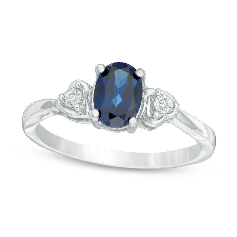 Image of ID 1 Oval Lab-Created Blue Sapphire and Diamond Accent Heart Sides Ring in Sterling Silver