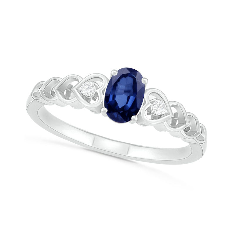 Image of ID 1 Oval Lab-Created Blue Sapphire and Diamond Accent Heart-Sides Trio Ring in Sterling Silver