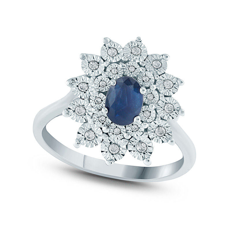 Image of ID 1 Oval Lab-Created Blue Sapphire and Diamond Accent Starburst Frame Ring in Sterling Silver