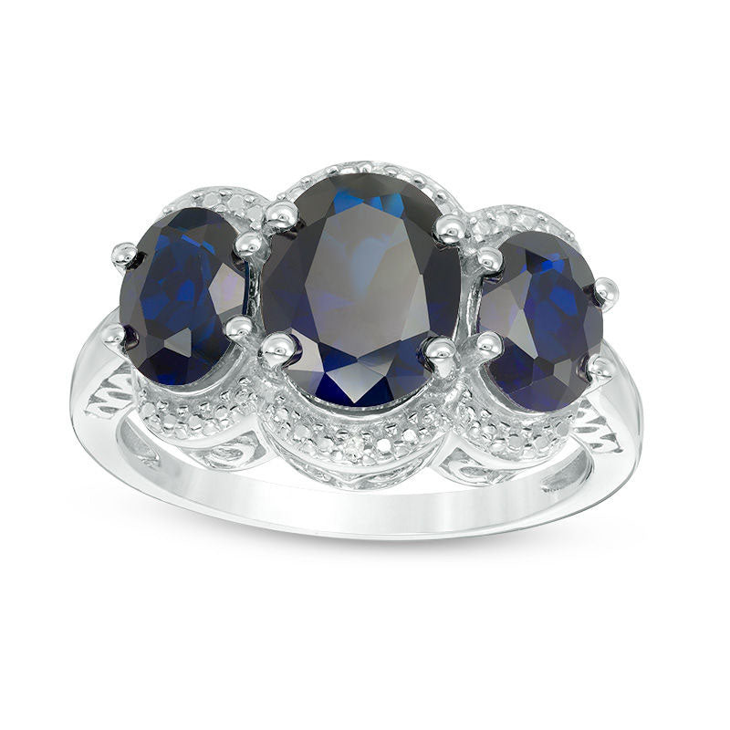 Image of ID 1 Oval Lab-Created Blue Sapphire and Diamond Accent Three Stone Frame Ring in Sterling Silver