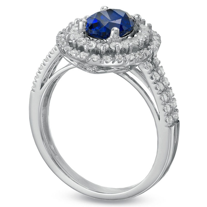 Image of ID 1 Oval Lab-Created Blue Sapphire and White Sapphire Frame Ring in Sterling Silver