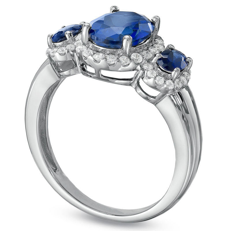 Image of ID 1 Oval Lab-Created Blue Sapphire and White Sapphire Three Stone Ring in Sterling Silver