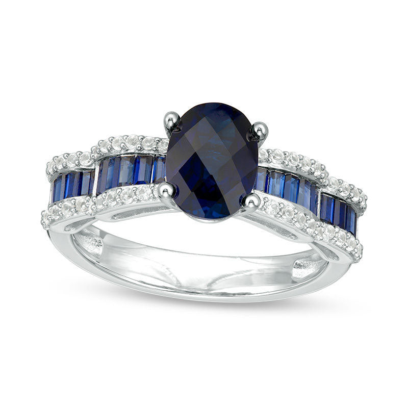 Image of ID 1 Oval Lab-Created Blue and White Sapphire Bow Shank Ring in Sterling Silver