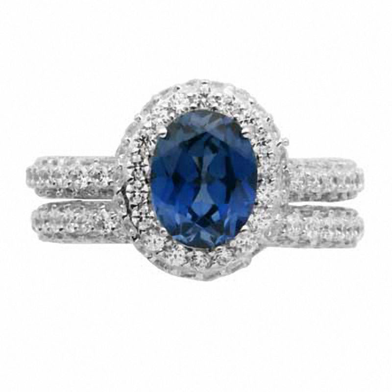 Image of ID 1 Oval Lab-Created Blue and White Sapphire Bridal Engagement Ring Set in Sterling Silver