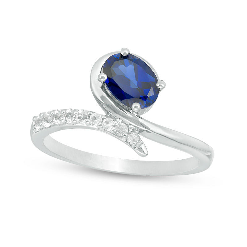 Image of ID 1 Oval Lab-Created Blue and White Sapphire Bypass Loop Ring in Sterling Silver
