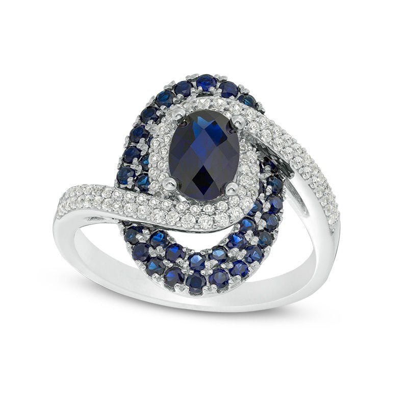 Image of ID 1 Oval Lab-Created Blue and White Sapphire Bypass Swirl Frame Ring in Sterling Silver