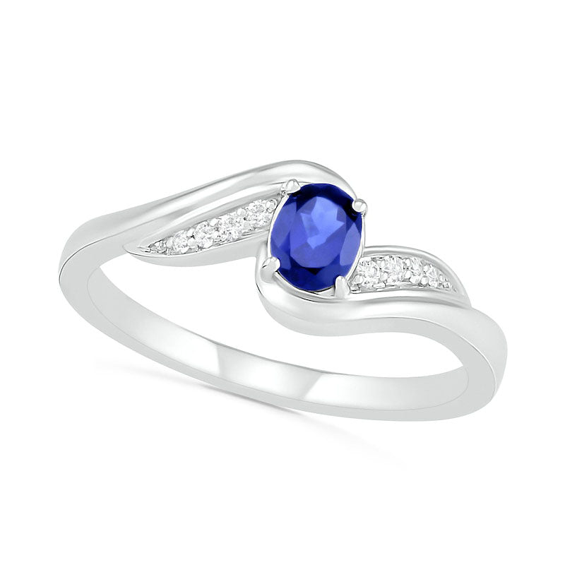 Image of ID 1 Oval Lab-Created Blue and White Sapphire Bypass Wave Ring in Sterling Silver