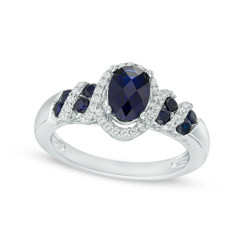 Image of ID 1 Oval Lab-Created Blue and White Sapphire Cascading Frame Ring in Sterling Silver