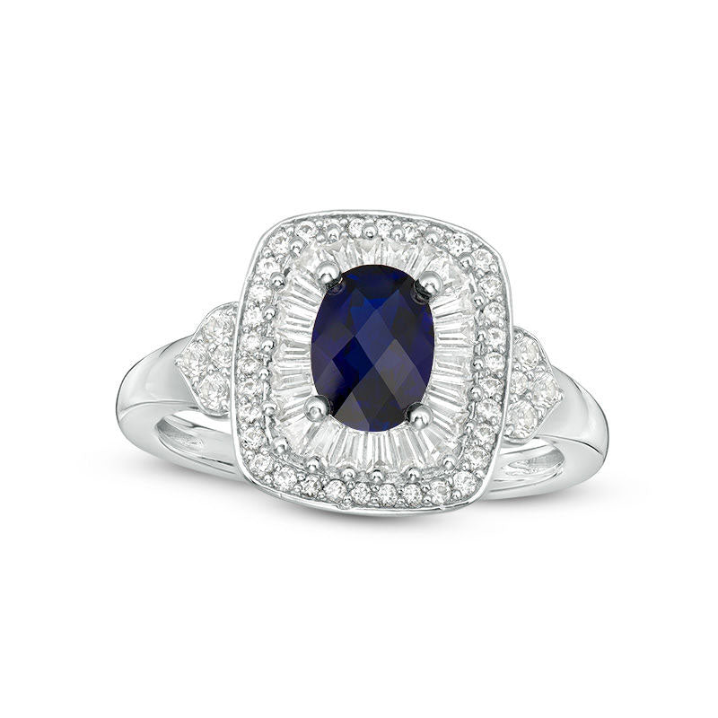 Image of ID 1 Oval Lab-Created Blue and White Sapphire Cushion Frame Ring in Sterling Silver
