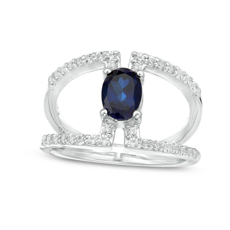 Image of ID 1 Oval Lab-Created Blue and White Sapphire Double Row Open Shank Ring in Sterling Silver