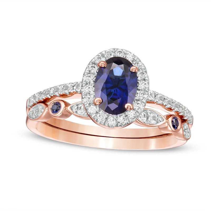 Image of ID 1 Oval Lab-Created Blue and White Sapphire Frame Art Deco Bridal Engagement Ring Set in Solid 10K Rose Gold
