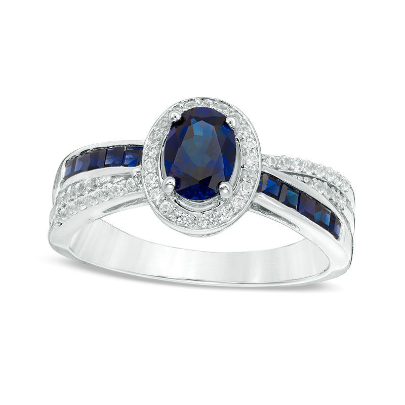 Image of ID 1 Oval Lab-Created Blue and White Sapphire Frame Crossover Shank Ring in Sterling Silver