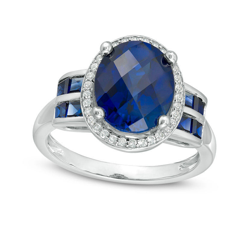 Image of ID 1 Oval Lab-Created Blue and White Sapphire Frame Double Row Ring in Sterling Silver
