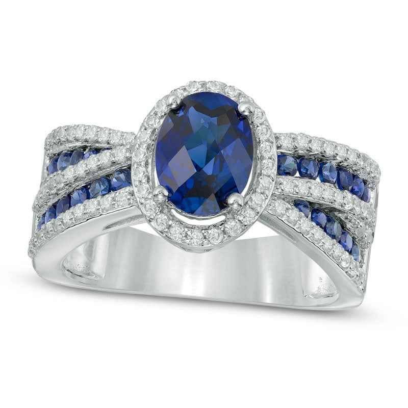 Image of ID 1 Oval Lab-Created Blue and White Sapphire Frame Engagement Ring in Sterling Silver