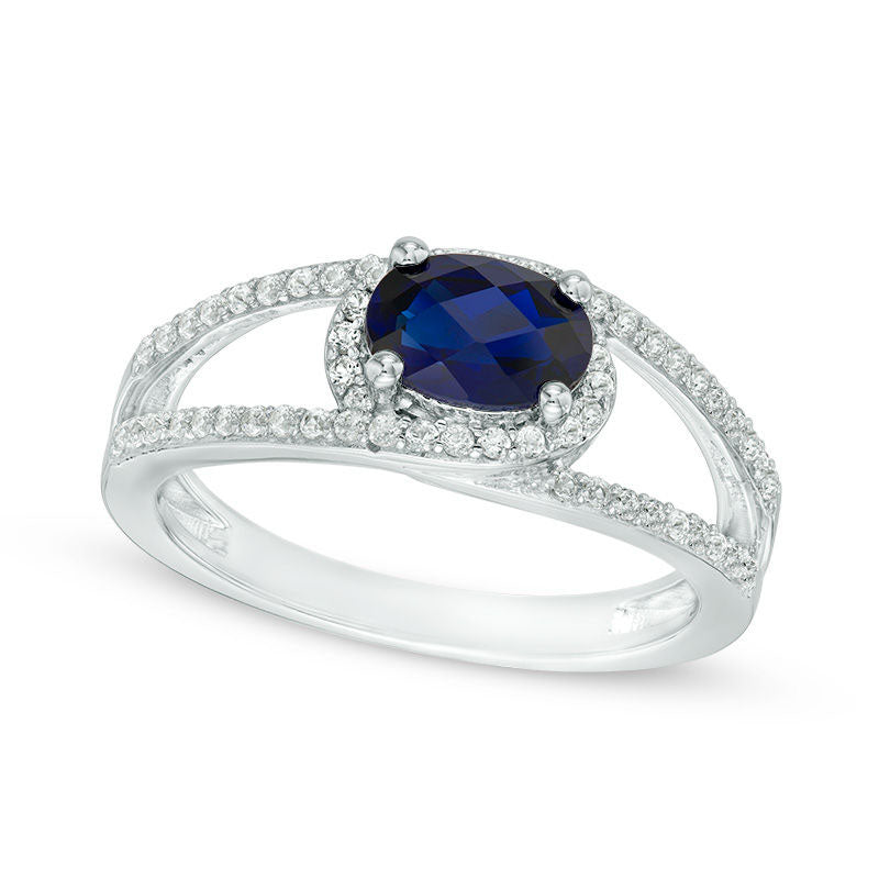 Image of ID 1 Oval Lab-Created Blue and White Sapphire Frame Split Shank Ring in Sterling Silver