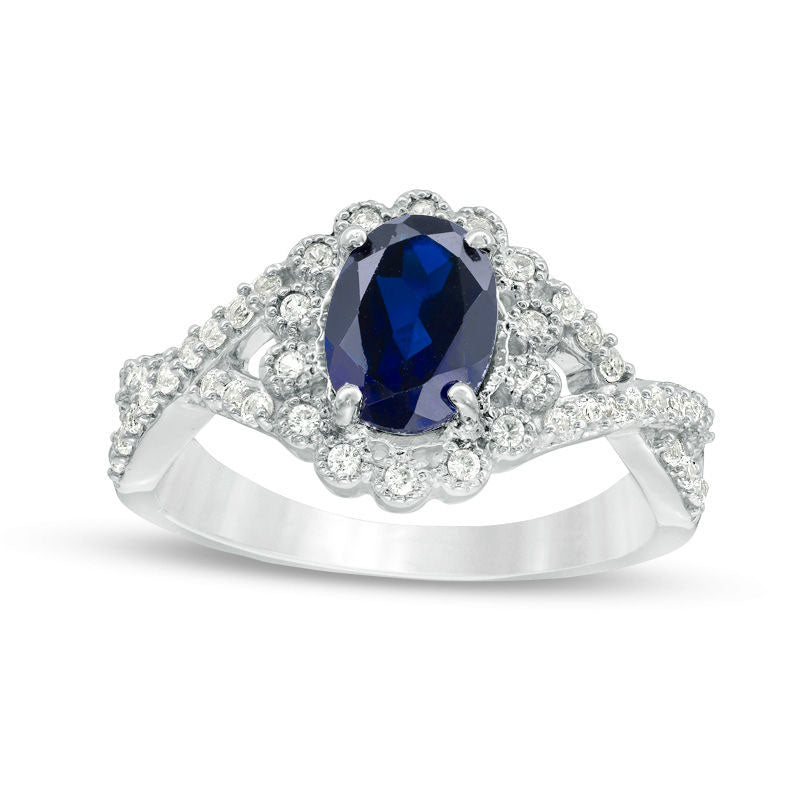 Image of ID 1 Oval Lab-Created Blue and White Sapphire Scallop Frame Engagement Ring in Sterling Silver