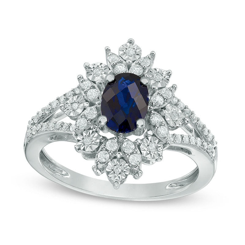 Image of ID 1 Oval Lab-Created Blue and White Sapphire Starburst Frame Ring in Sterling Silver