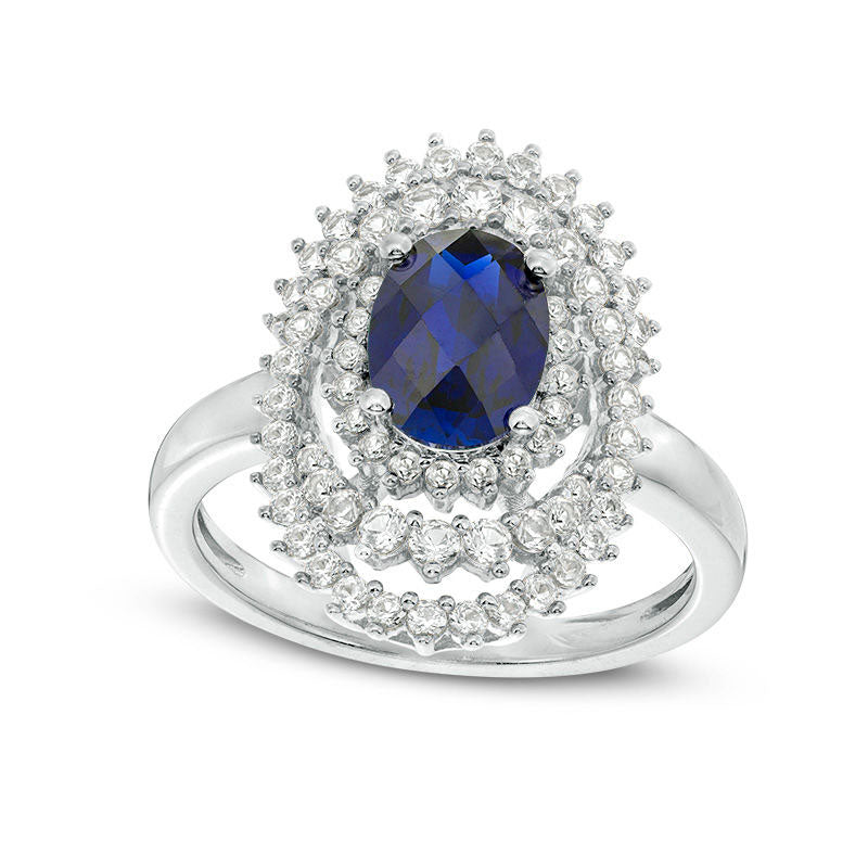 Image of ID 1 Oval Lab-Created Blue and White Sapphire Sunburst Frame Ring in Sterling Silver
