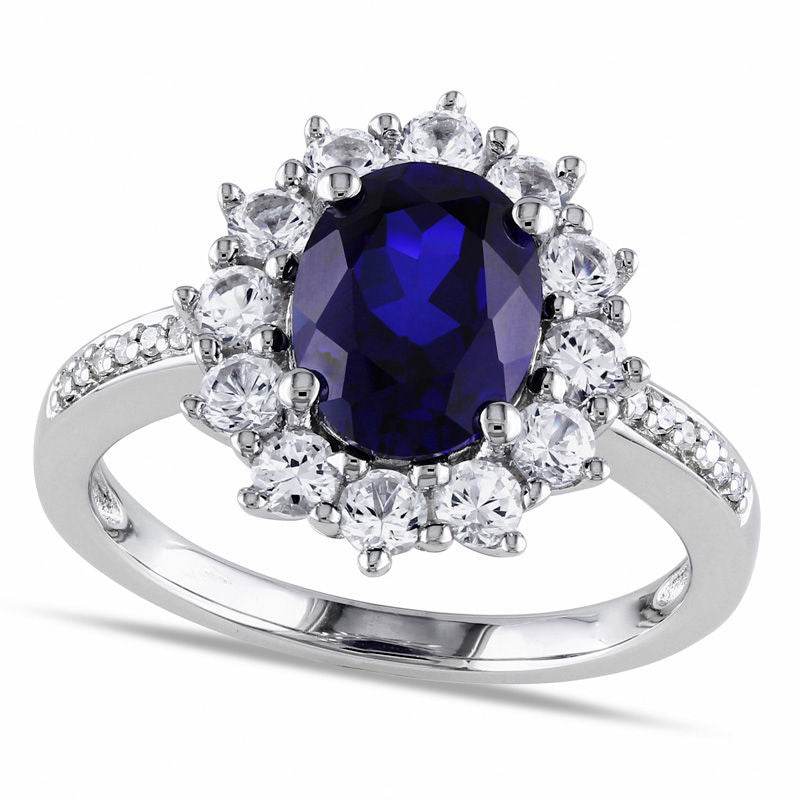Image of ID 1 Oval Lab-Created Blue and White Sapphire Sunburst Frame Ring in Sterling Silver with Diamond Accents
