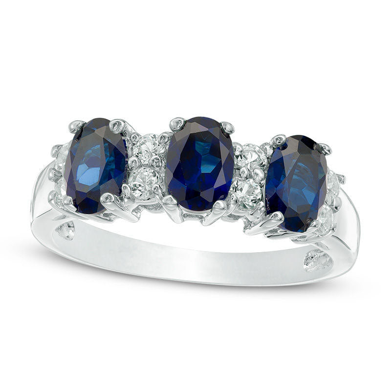 Image of ID 1 Oval Lab-Created Blue and White Sapphire Three Stone Ring in Solid 10K White Gold