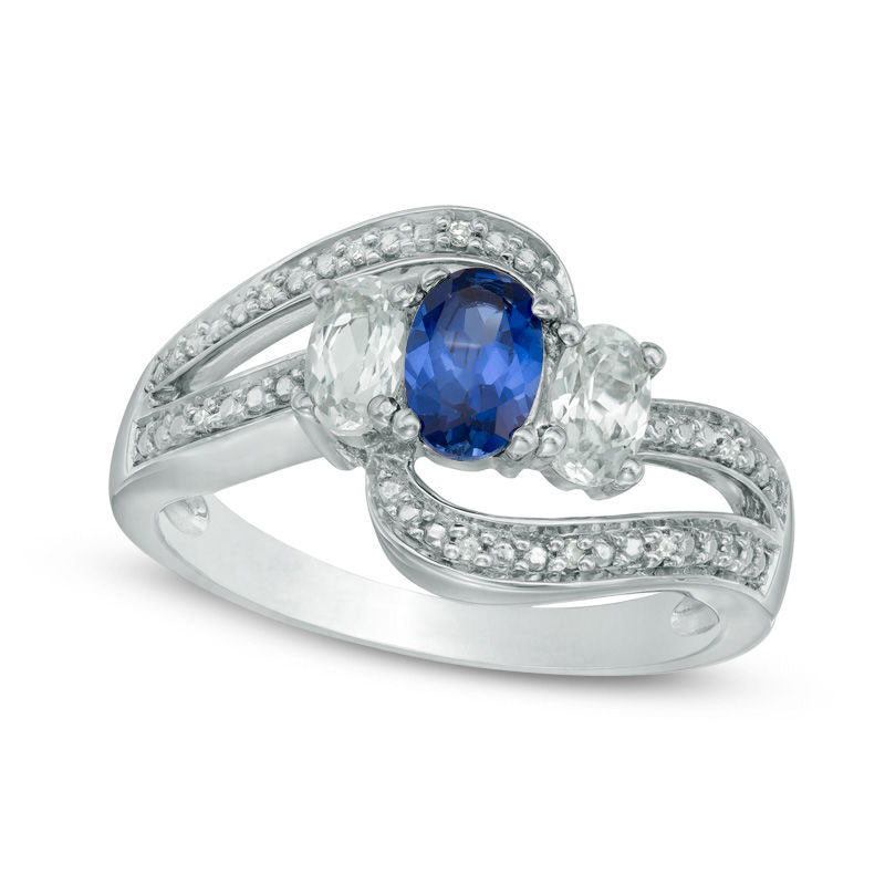 Image of ID 1 Oval Lab-Created Blue and White Sapphire and Diamond Accent Three Stone Ring in Sterling Silver