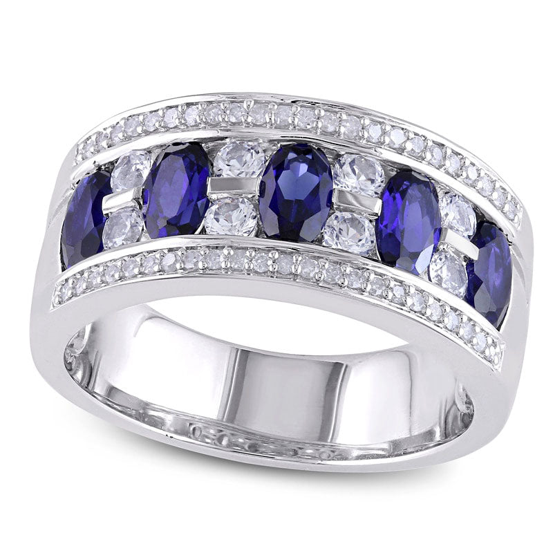 Image of ID 1 Oval Lab-Created Blue and White Sapphire with 013 CT TW Diamond Ring in Sterling Silver