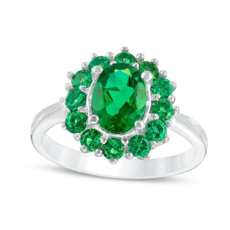 Image of ID 1 Oval Lab-Created Emerald Sunburst Frame Ring in Sterling Silver