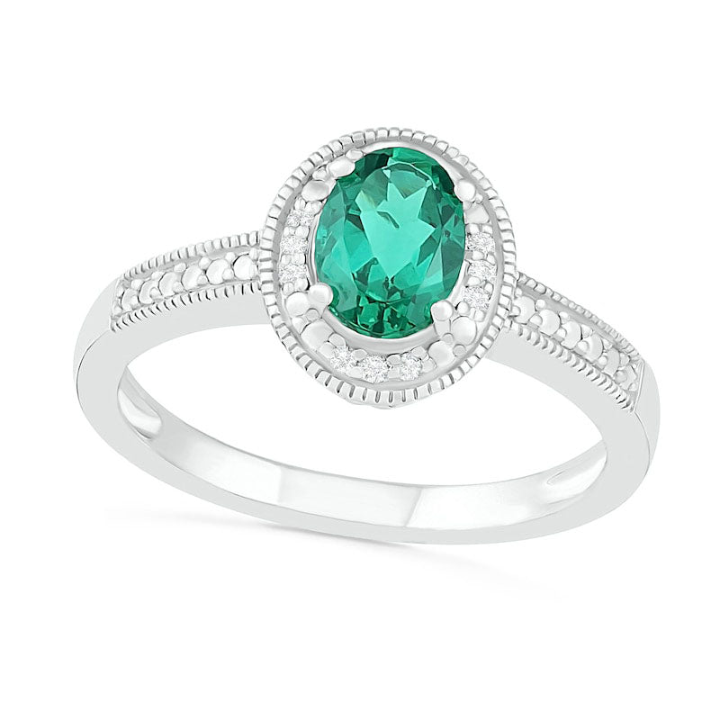 Image of ID 1 Oval Lab-Created Emerald and 005 CT TW Diamond Beaded Frame Antique Vintage-Style Ring in Sterling Silver