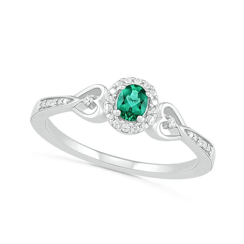 Image of ID 1 Oval Lab-Created Emerald and 005 CT TW Diamond Frame Tapered Heart Shank Ring in Sterling Silver
