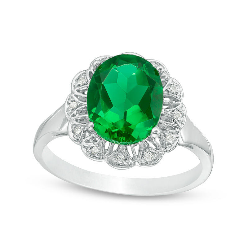Image of ID 1 Oval Lab-Created Emerald and 005 CT TW Diamond Scallop Frame Engagement Ring in Solid 10K White Gold