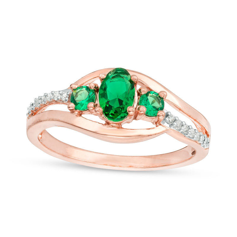 Image of ID 1 Oval Lab-Created Emerald and 005 CT TW Diamond Three Stone Bypass Engagement Ring in Solid 10K Rose Gold