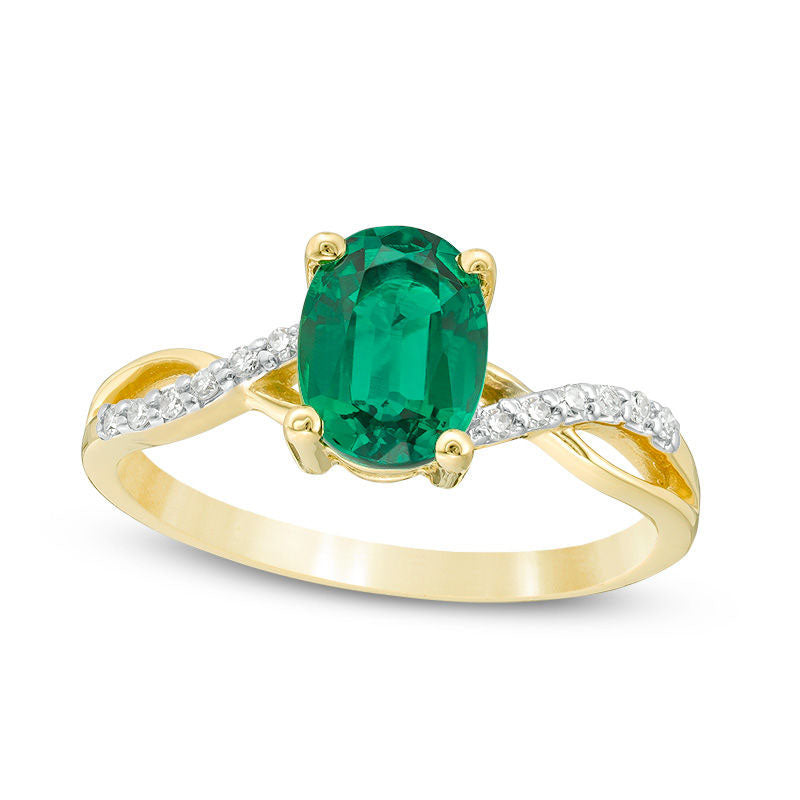 Image of ID 1 Oval Lab-Created Emerald and 005 CT TW Diamond Twist Shank Ring in Solid 10K Yellow Gold