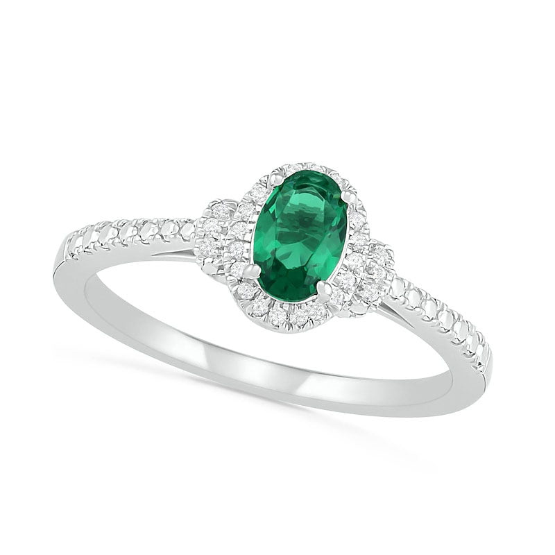 Image of ID 1 Oval Lab-Created Emerald and 007 CT TW Diamond Frame Collar Bead Shank Ring in Sterling Silver