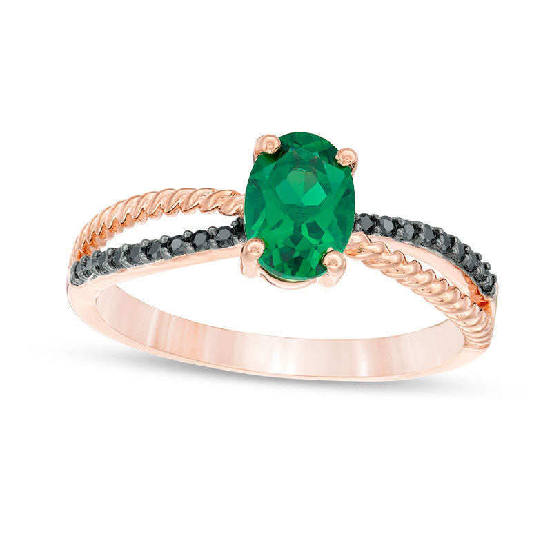 Image of ID 1 Oval Lab-Created Emerald and 007 CT TW Enhanced Black Diamond Rope Crossover Shank Promise Ring in Solid 10K Rose Gold