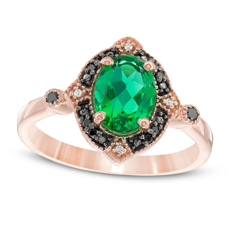 Image of ID 1 Oval Lab-Created Emerald and 007 CT TW Enhanced Black and White Diamond Antique Vintage-Style Ring in Solid 10K Rose Gold