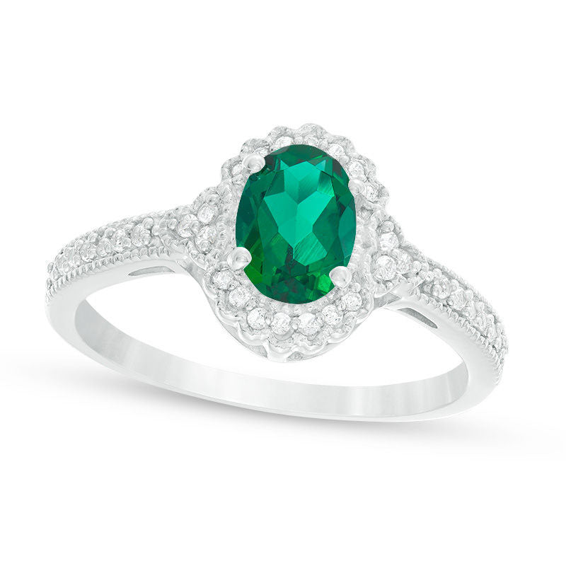 Image of ID 1 Oval Lab-Created Emerald and 013 CT TW Diamond Frame Antique Vintage-Style Ring in Solid 10K White Gold