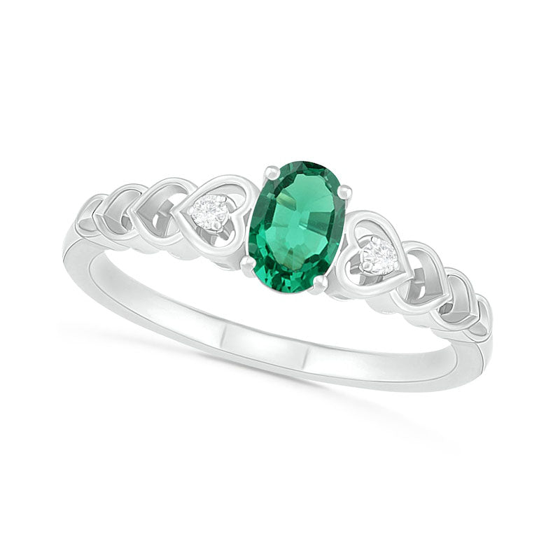 Image of ID 1 Oval Lab-Created Emerald and Diamond Accent Heart-Sides Trio Ring in Sterling Silver